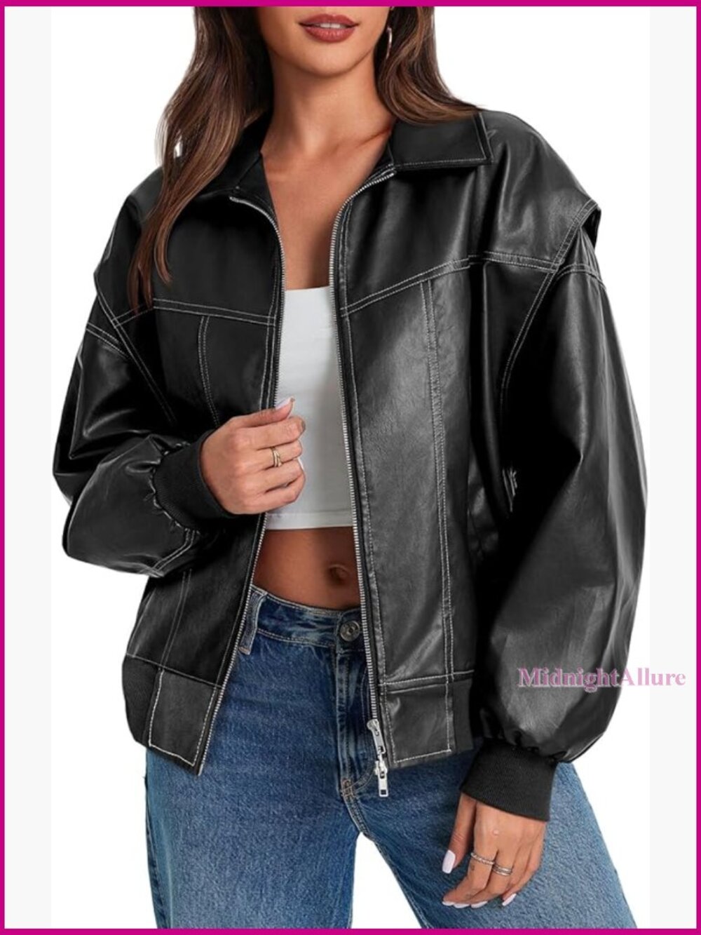 Oversized Leather Bomber Jacket Cap Sleeve Zip Up Motorcycle Coat With Pockets